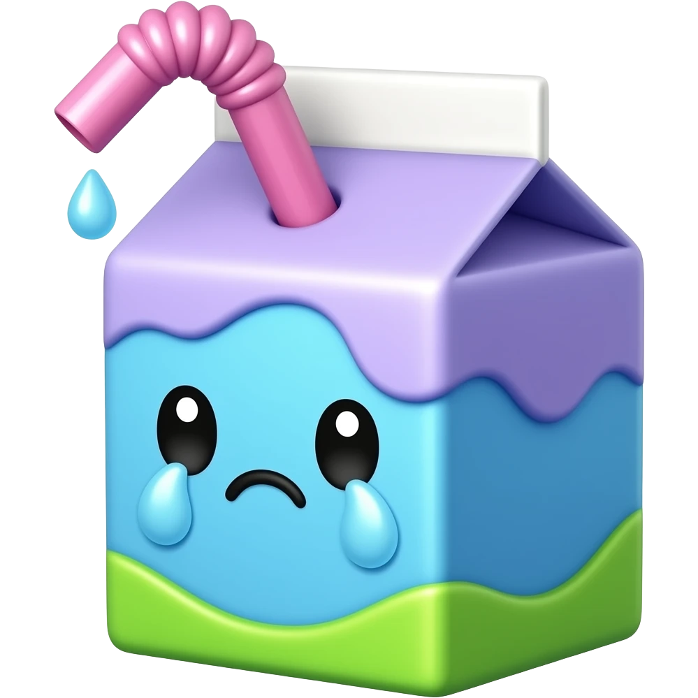 Kawaii Juice box crying using blue purple and neon green colors with a hot pink droopy straw emoji