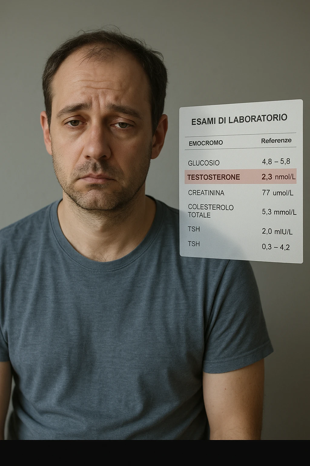 Un uomo caucasico di 35-45 anni, in CGI fotorealistico, che mostra i segni fisici ed emotivi di un basso livello di testosterone. aggiungere un referto medico semi-trasparente fluttuante accanto a lui, con valori di testosterone evidenziati in rosso. in italiano emoji