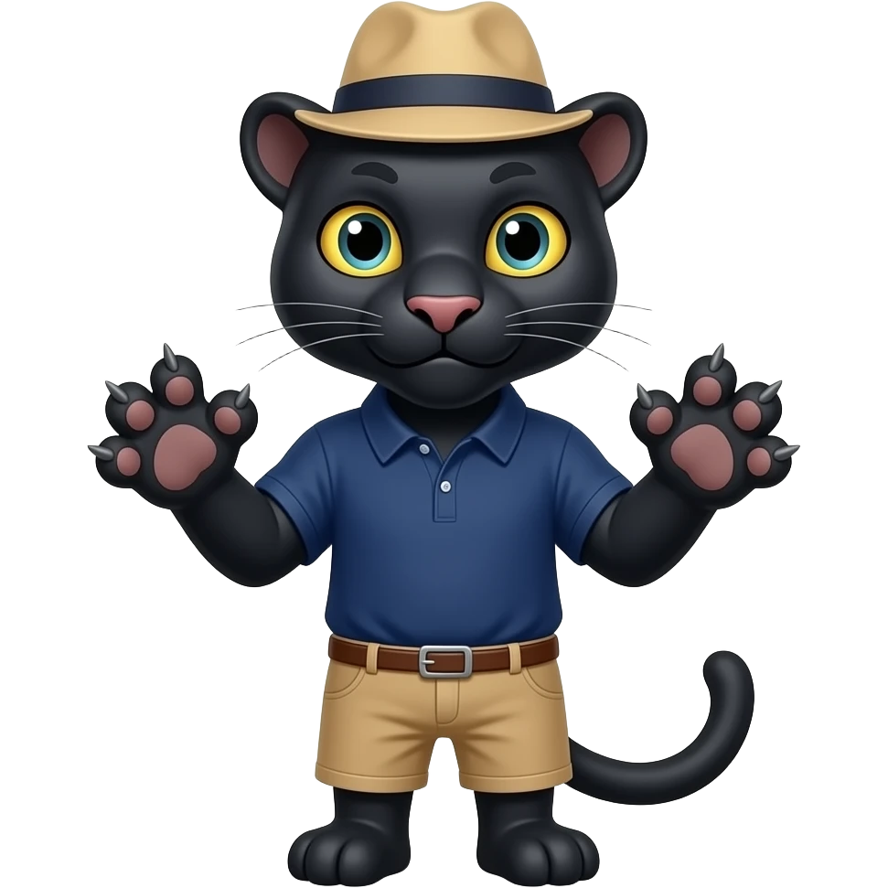 hazme una pantera imponene mostrando sus garras con ojos de que quiere ligrar algo y ponle gorra y una polo azul marino emoji