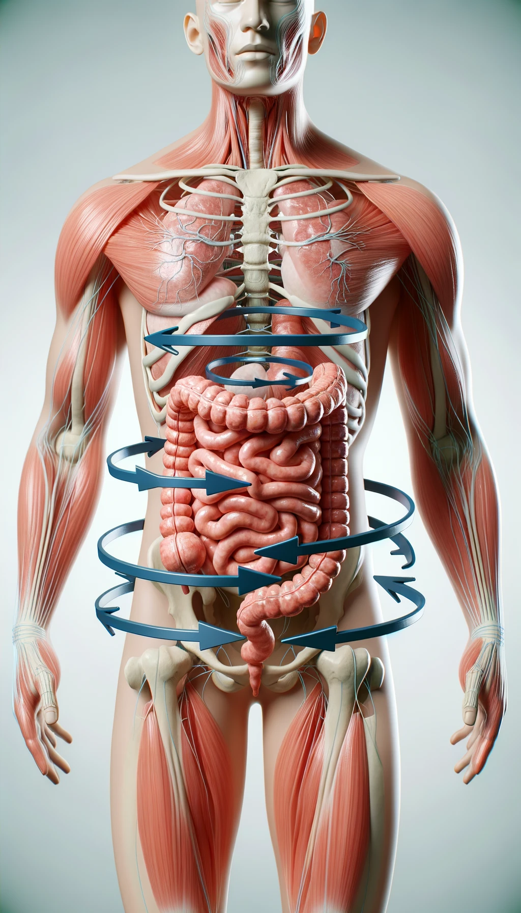 corpo umano anatomico con intestino umano anatomico con frecce 3d che gli girano intorno, sfondo chiaro, iperrealistico 4k emoji