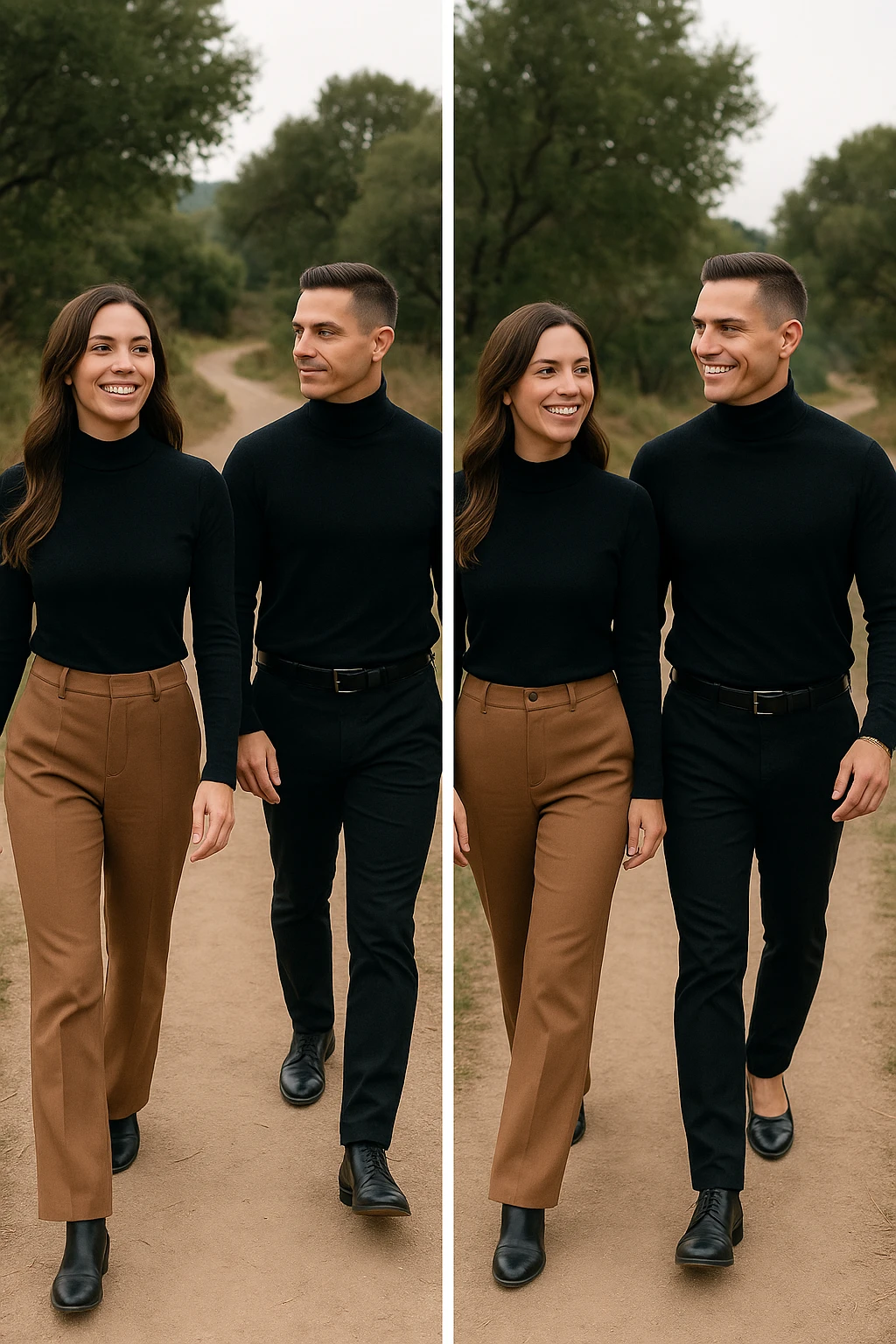 a man and a woman walk together along a winding path in a natural landscape. In one version, the woman leads confidently while the man follows a few steps behind, looking at lei con ammirazione. In un’altra versione, i ruoli sono invertiti, con l’uomo che guida e la donna che lo segue sorridendo. La scena trasmette l’idea che entrambi possano guidare o seguire, a seconda del momento. emoji