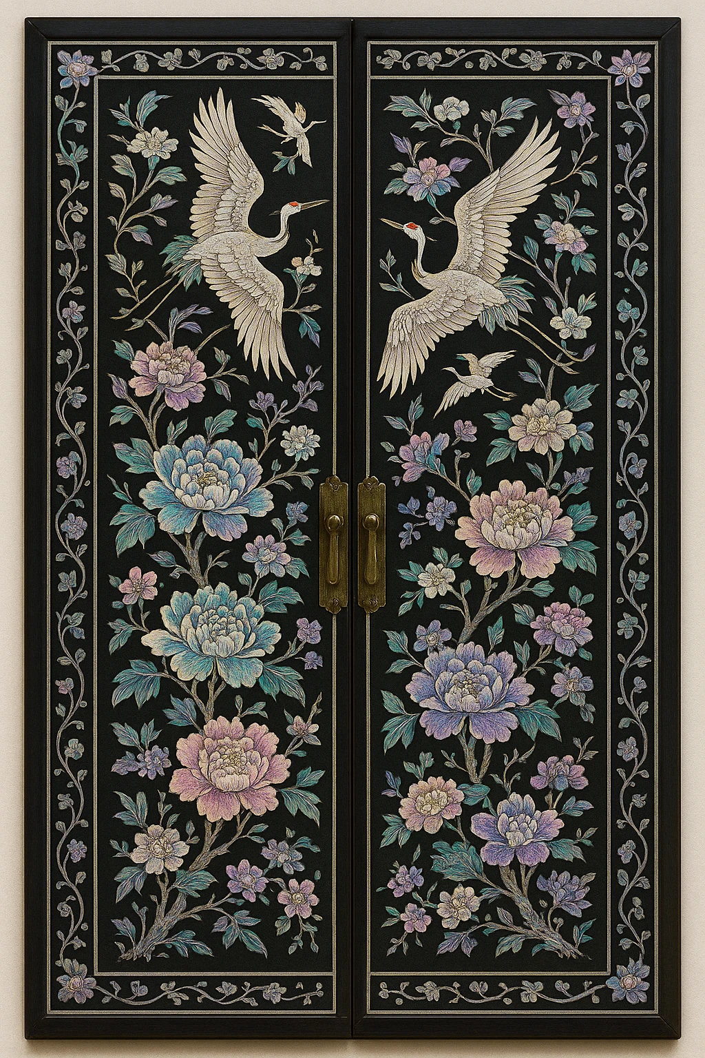door in Korean mother-of-pearl art style, traditional flowers and crane patterns in lacquerware decoration, intricate and luxurious design emoji