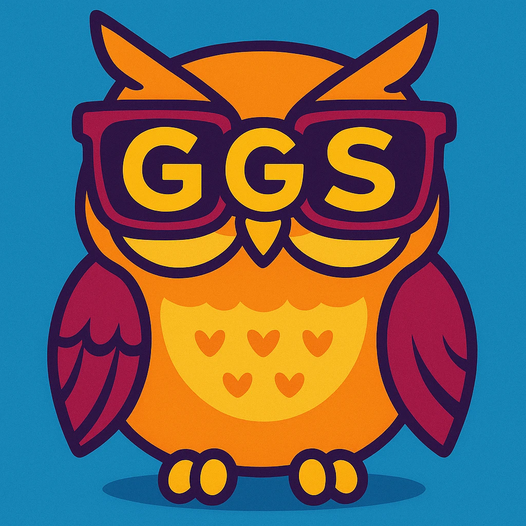 owl wearing glasses with GGS wording, vibrant toon style emoji