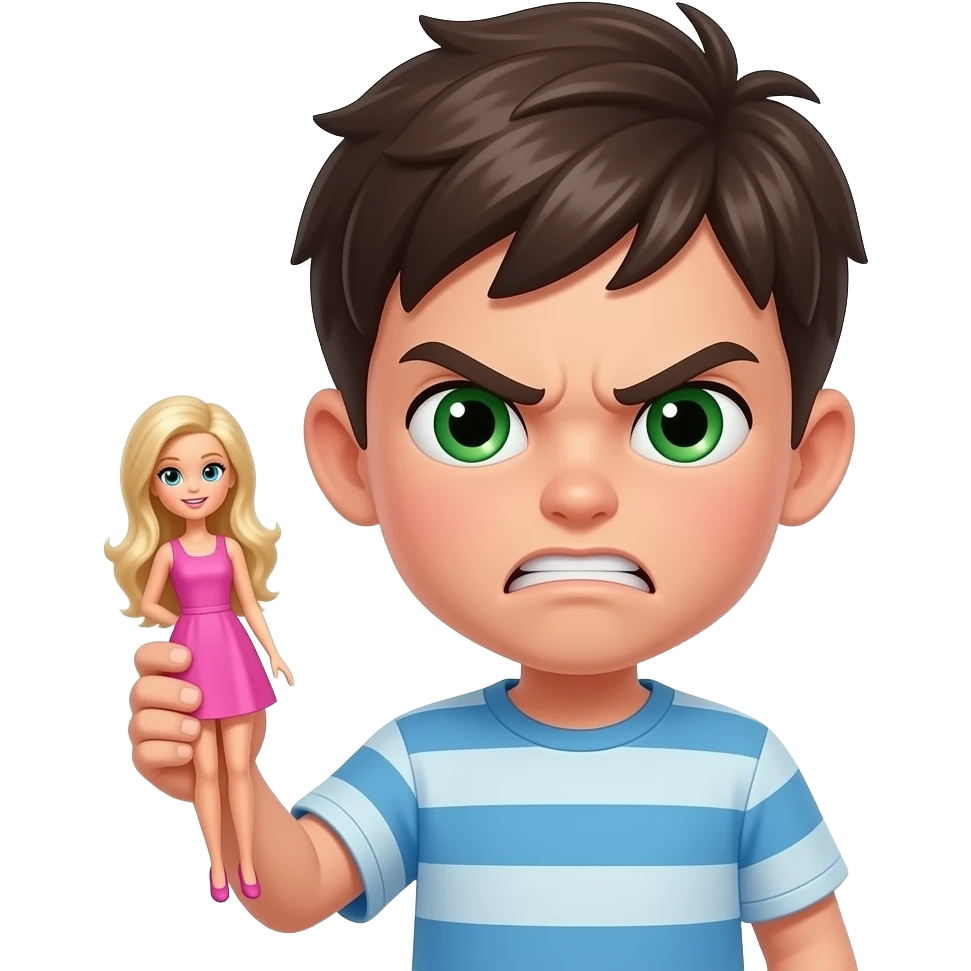 Little slim dark haïr boy with green eyes with broken barby in one Hand with very angry face emoji