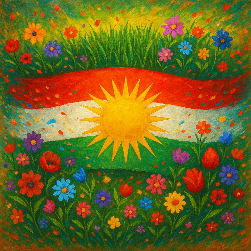 Kurdistan flag with Nowruz effect, featuring green, white, red colors and a yellow sun in the center of the flag, decorated with Nowruz elements like flowers, green grass, and festive atmosphere, vibrant and celebratory, detailed and colorful, in a different artistic style emoji