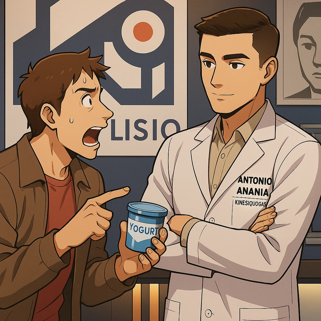 fai un webtoon manga a colori con questo stile, in cui un uomo chiede al kinesiologo con il camice bianco (fagli anche la scritta "ANTONIO ANANIA" SUL CAMICE, una domanda e il kinesiologo gli risponde, L'UOMO INDICA LO YOGURT CHE HA IN MANO ED è MOLTO ALLARMATO NEL FARE LA DOMANDA. non fare i fumetti però, fai solo in modo che sembri stiano parlando emoji