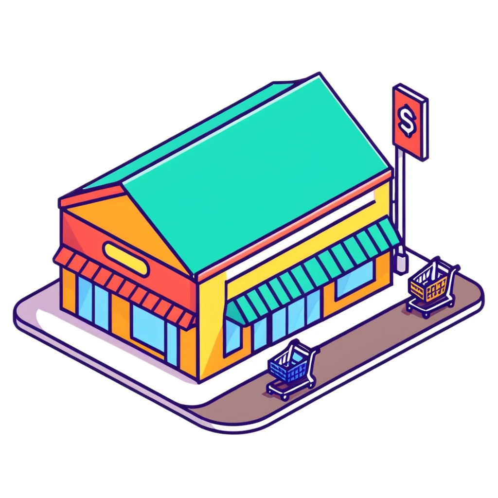 Isometric grocery store with shoppers, food shelves, and checkout area emoji