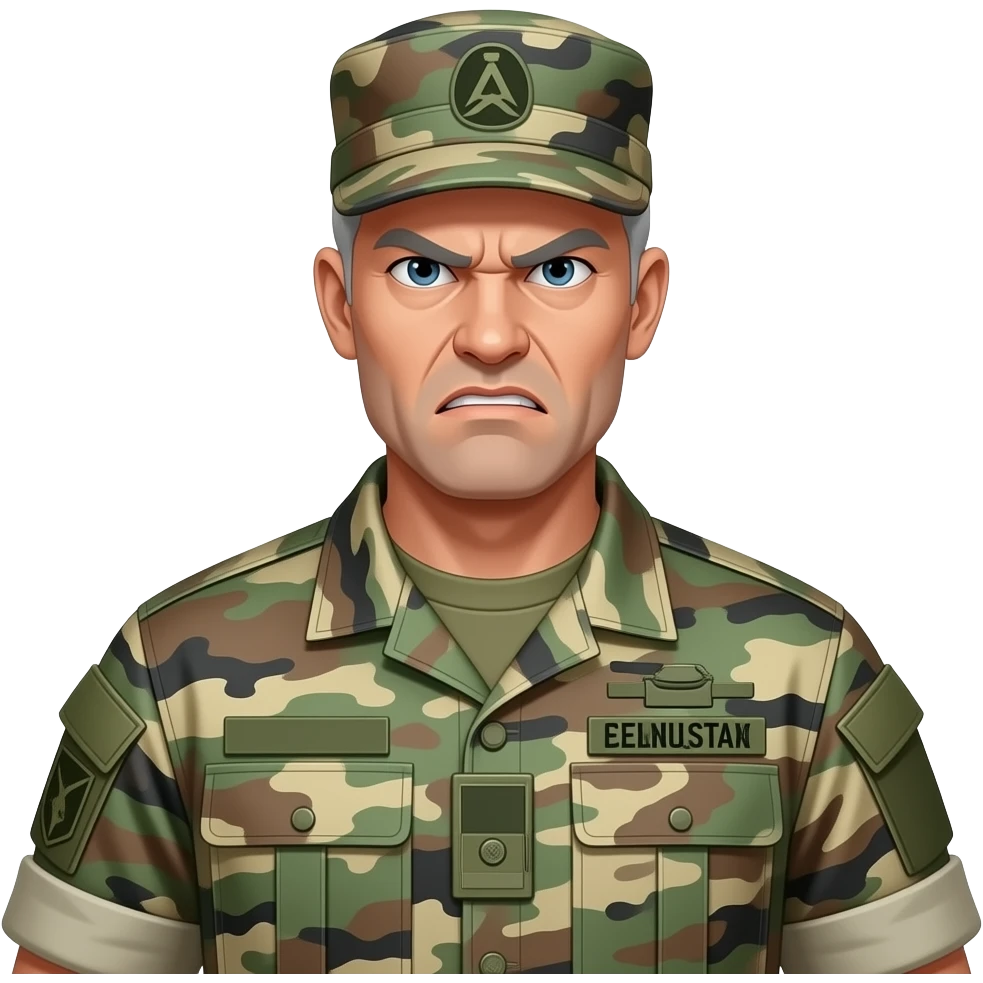 white sergeant character with gray hair. In an urban camouflage uniform and hat, army shirt. The character should have an angry intense expression. full torso and arms emoji