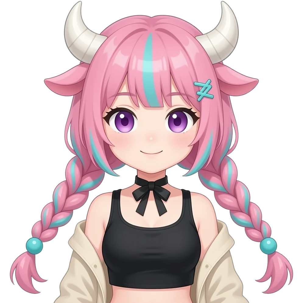 Cute pretty anime woman with big white bull horns, pink braided hair with thing cyan stripes and cyan ball-shaped hair ties, pink cow ears on the sides of head, Black cropped top; beige detached long sleeves, neck ribbon, purple eyes, cyan plus-shaped hair loom emoji