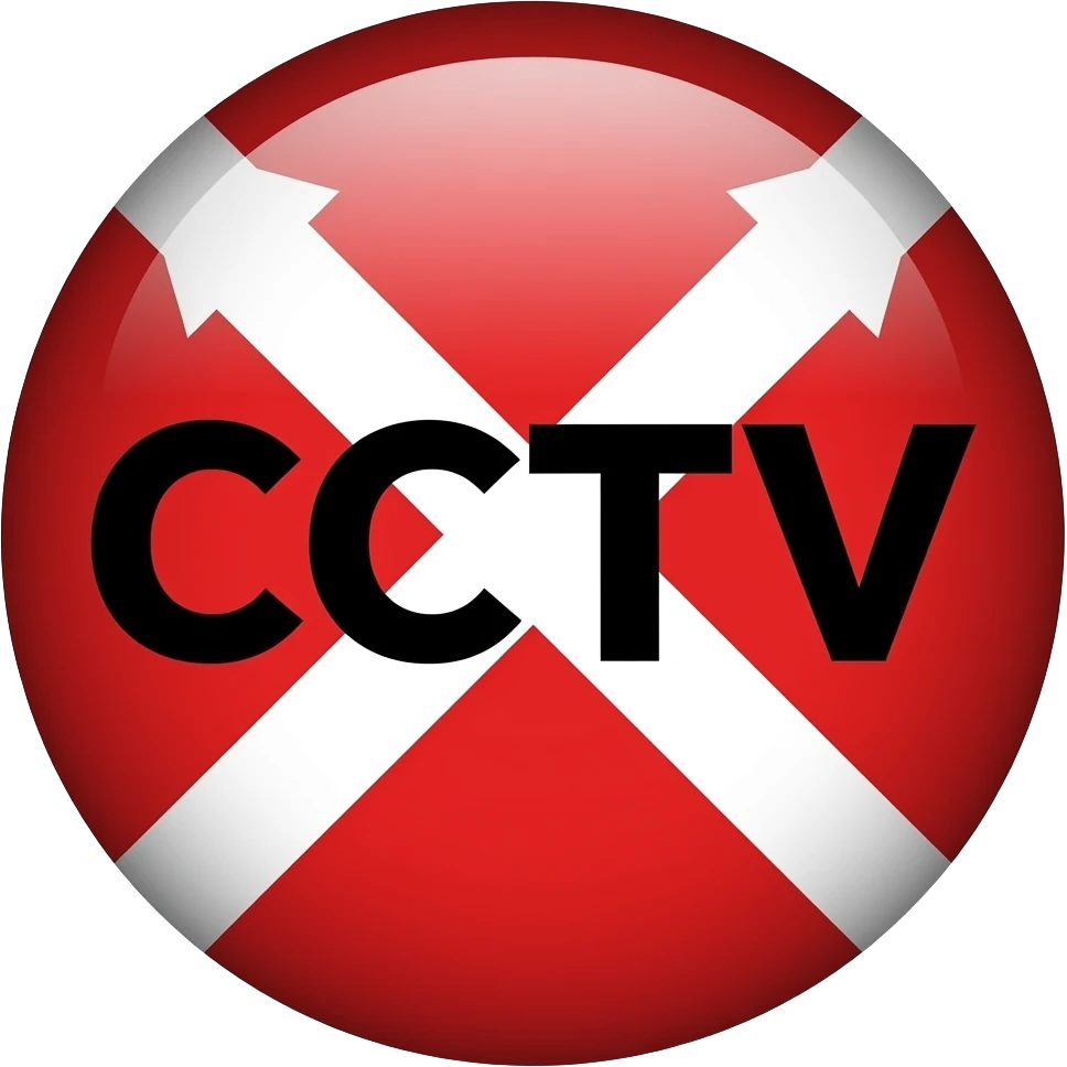 Red filled circle with white X and arrow on all end points on the X white circle in the middle. Biggest CCTV word in the centre in black emoji