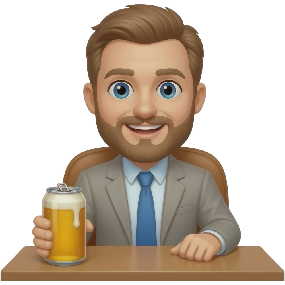Ted sitting at a desk with a can of bere emoji