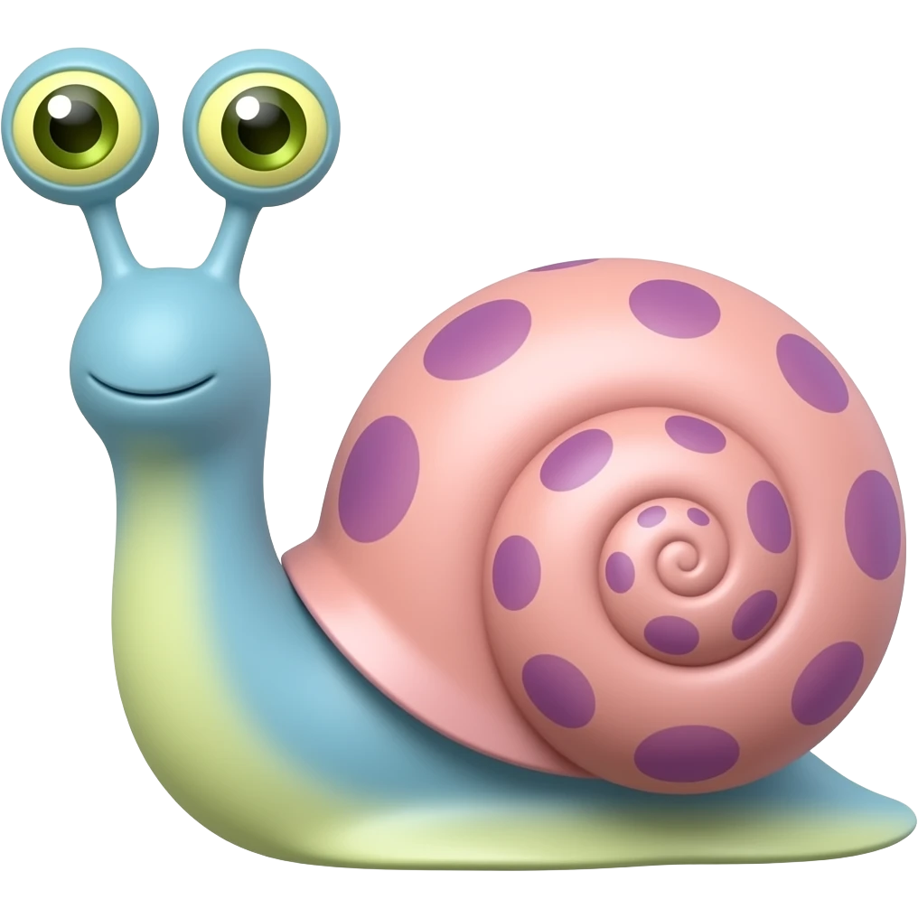 Gary the snale,  eyes on the top of his antenna with the colors being dull light blue for the body and light yellow green at the bottom. eyes are also light yellow green with orange pupils. shell is light pink with dull purple spots emoji