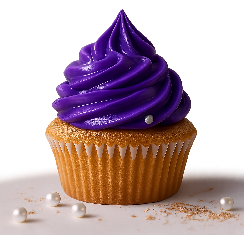 Change the icing to ube flavor with vivid purple, creamy and glossy texture, keep the realistic cupcake and accessories, photorealistic style, transparent background. emoji