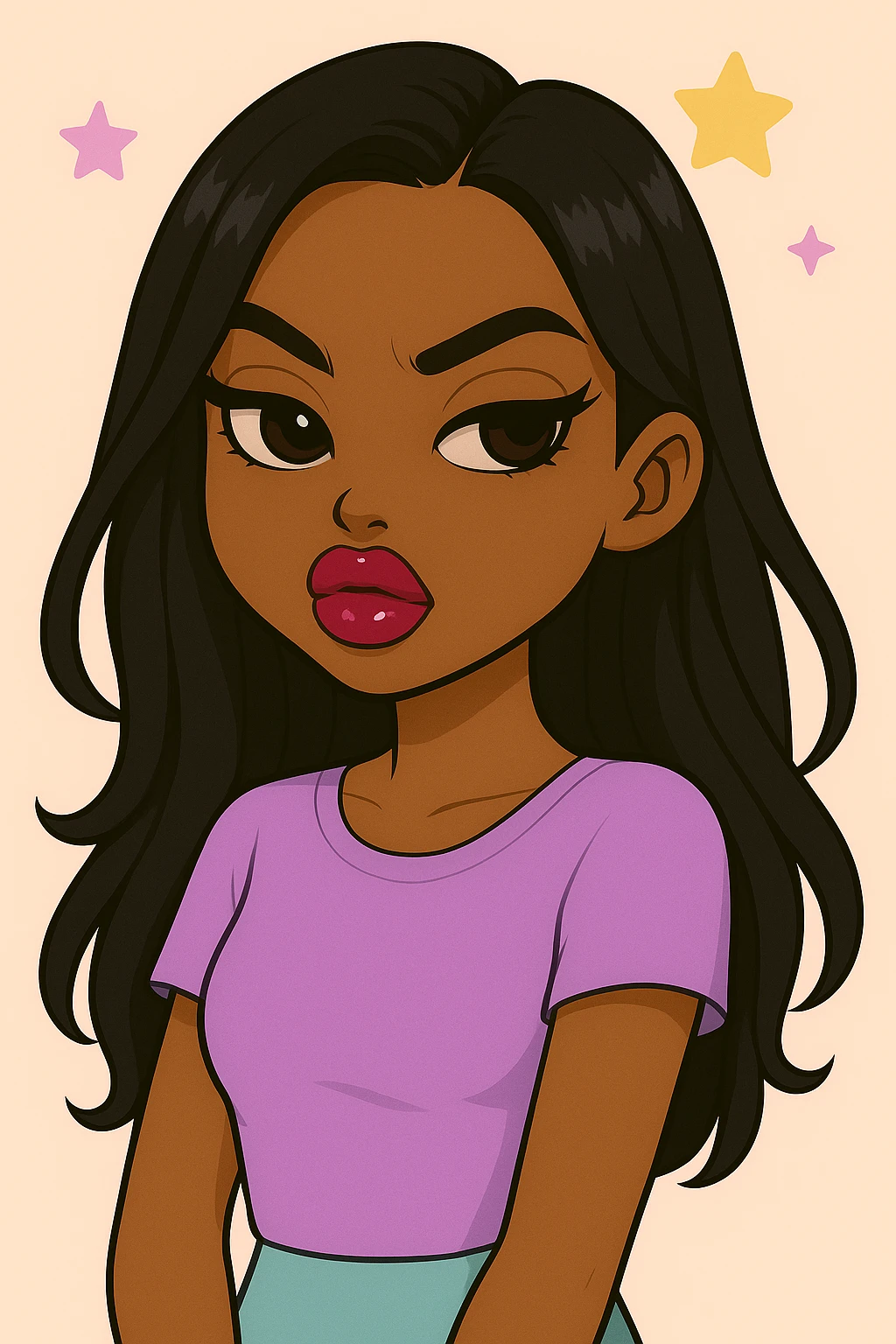 Headshot only of a 20-year-old anime Bratz style woman with dark skin and straight hair, wearing a cute pastel Y2K look. She has big expressive eyes, glossy lips, no hat, no tears, and a confident, aloof expression with a snooty attitude and her nose turned up. emoji