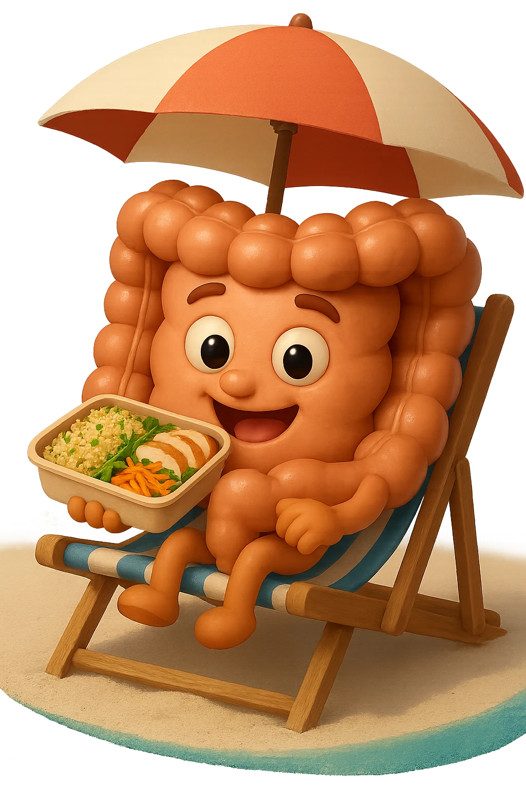 EMOJI STILE IPHONE DI INTESTINO IN SPIAGGIA SU UNA SPIAGGINA SOTTO L'OMBRELLONE CON IN MANO UNA SCHISCETTA DI Insalata di quinoa e pollo con rucola e carote, iperrealistica 4k emoji
