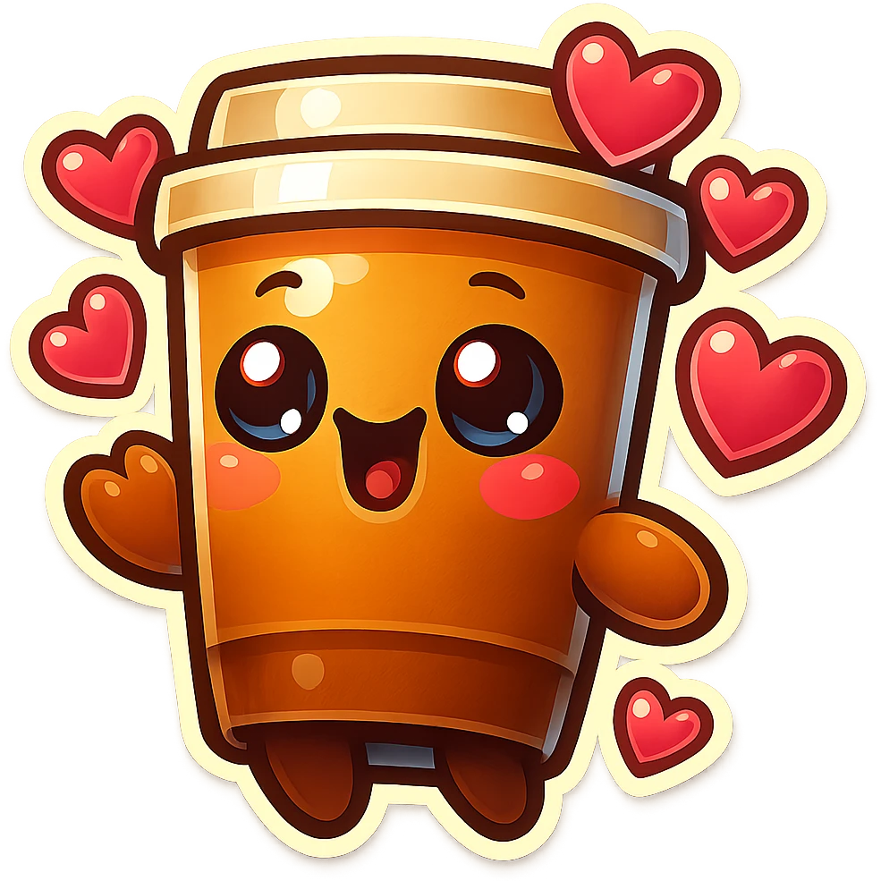 Tall coffee cup, extreme flirty, gushing with love, dramatic emoji