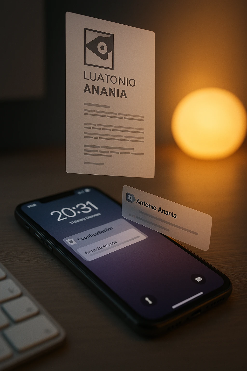 A photo of an iPhone with the message "Antonio Anania" on its screen, hovering over it is another document floating in mid-air, both surrounded by soft light and shadow. The phone sits atop a desk with a blurred background that suggests work environment. A faint glow from above casts gentle shadows across the surface of each object, creating depth and highlighting their textures. emoji