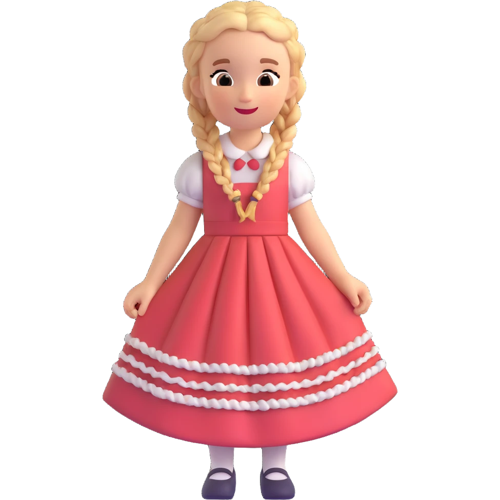 girl in a pastel-colored vintage dress, braided hair, joyful emoji