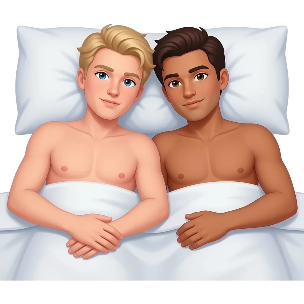 Make a gay couple on a Date , one has light Skin with Blond Hair and Blue Eyes, the other one has slightly brown skin witz dark Brown Hair and Brown Eyes. They are laying nude in a Bed. emoji