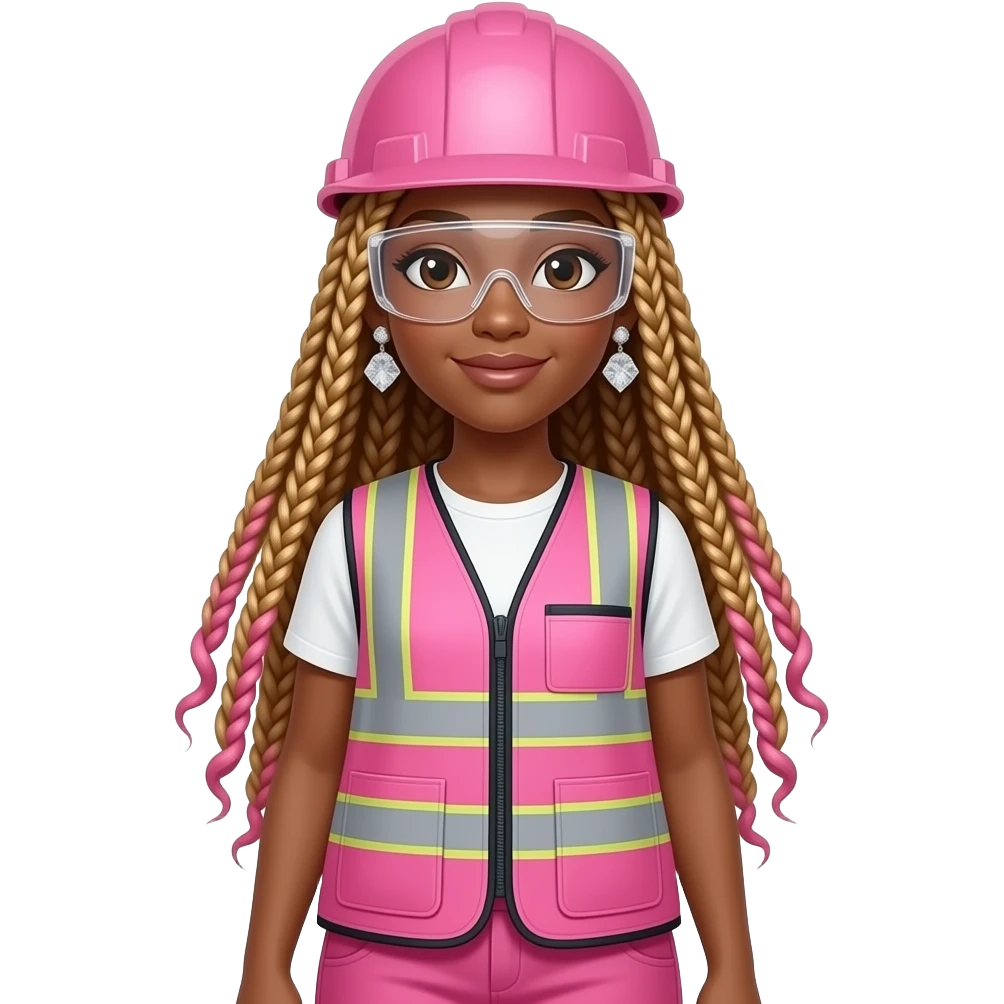African American women with brown eyes with long pink and gold box braids wearing diamond earrings wearing pink and clear safety glasses wearing a pink construction vest wearing pink pants emoji