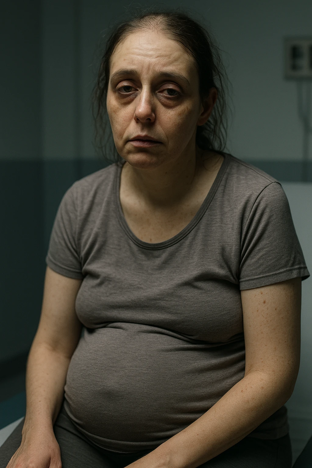 realistic portrait of a woman with PCOS, very debilitated and tired appearance, visible symptoms including dull skin, dark circles under eyes, thinning hair, abdominal bloating, fatigued posture, clinical atmosphere, dramatic lighting, vertical 2:3 aspect ratio, no text emoji