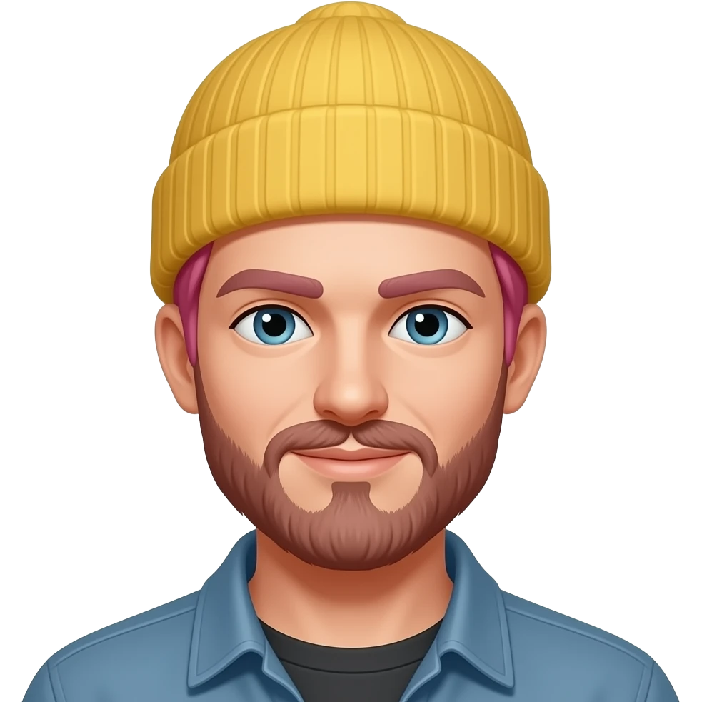 pink haired man with mustache and yellow beanie emoji