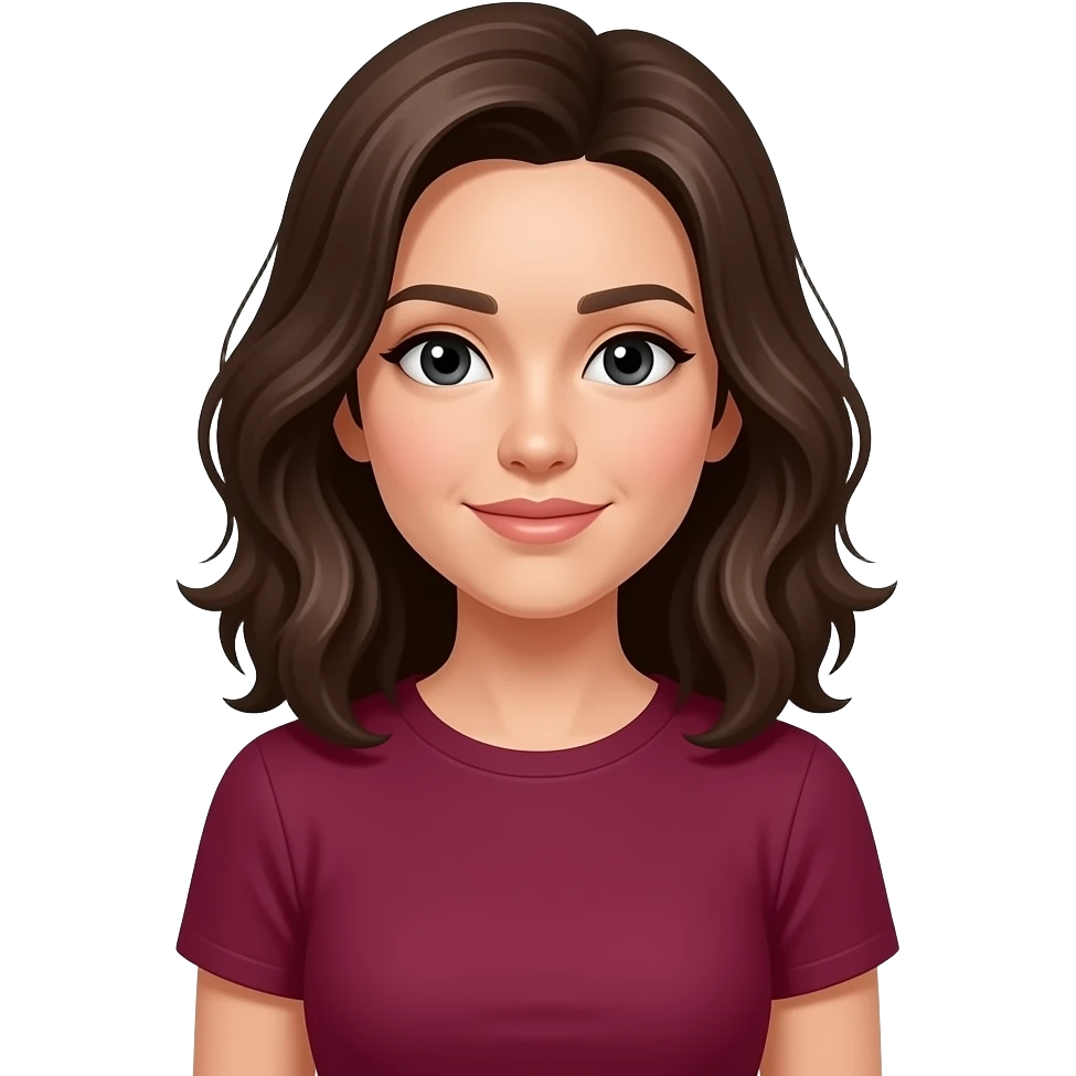 A woman in late 20s, dark brown wavy shoulder length hair, black eyes, wearing a burgundy t-shirt, image up to waist emoji
