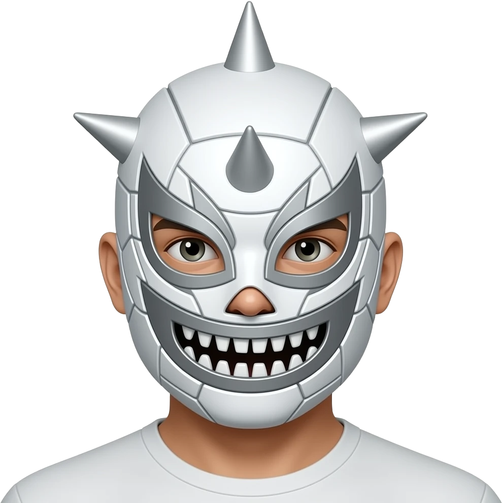 Mascara de lucha libre blanca con diseño de robot von 3 puas en la cabeza a lo largo con diseño de ciborg y que se vean los ojos y que los dientes sean triangulares del luchador pero sean parte de la mascara los dientes ademas que no se vea la nariz pero si se vea a alguien con la mascara puesta emoji
