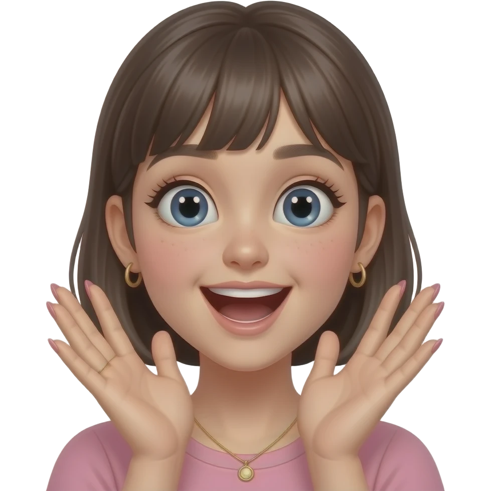 aesthetic emoji girl, excited expression, trendy nail art, soft pink and nude tones, minimal makeup, clean background, soft lighting, girly aesthetic, 3D emoji style, high detail emoji