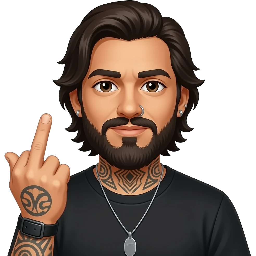The handsome Latino podcast host with medium length hair, a long beard and tattoos with his ears pierced and a nose ring on the right side flipping somebody off with his middle finger emoji
