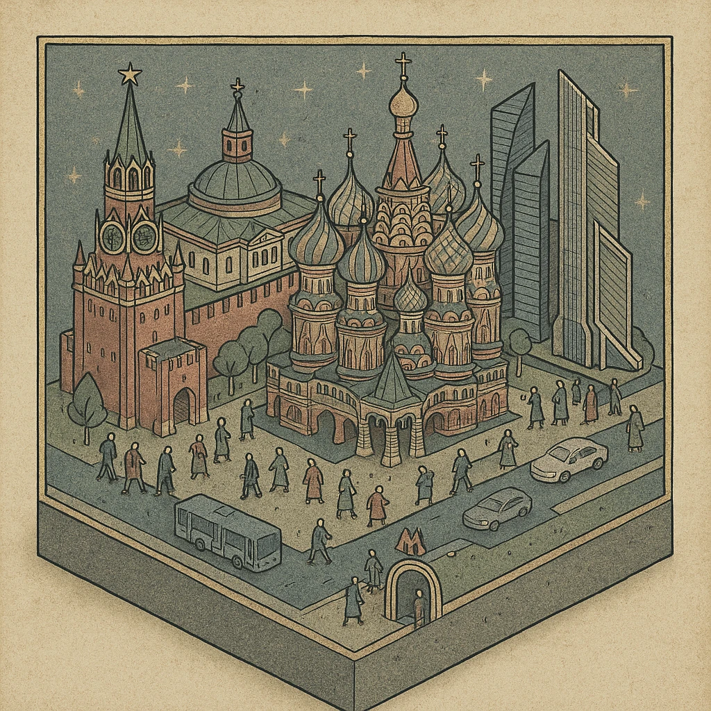 Изометричная миниатюрная 3D модель Москвы на подставке - фотореалистичный Кремль, собор Василия Блаженного, Башни Москва-Сити, аккуратная детализация, яркие цвета, мультяшный реализм, гуляют люди и современный автотранспорт и метро, компактная композиция, вид сверху в изометрии emoji