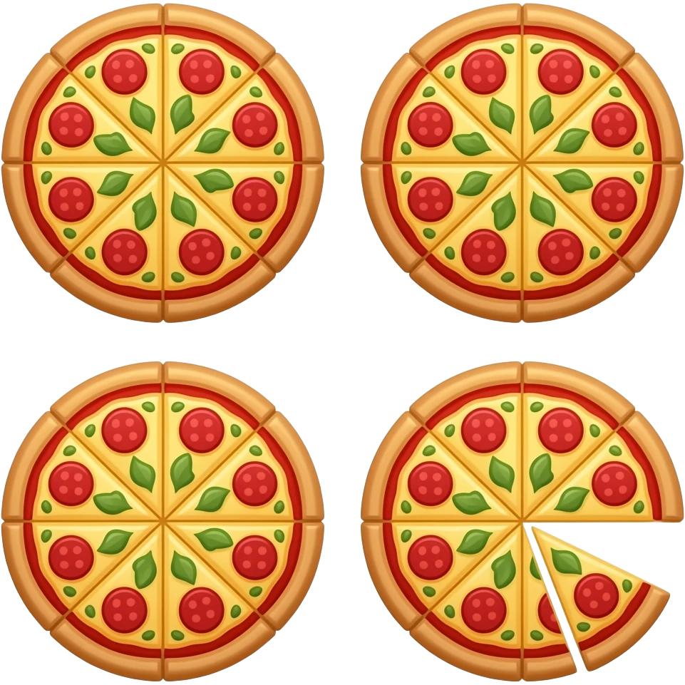 Create 4 pizza emoji-style images in a grid, where 3 pizzas are identical and 1 pizza has one slice missing, keeping all other details the same. emoji