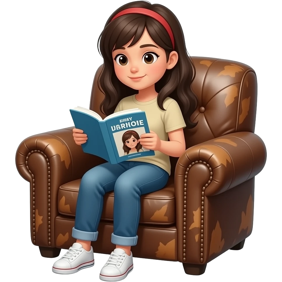 girl sitting in armchair with book emoji