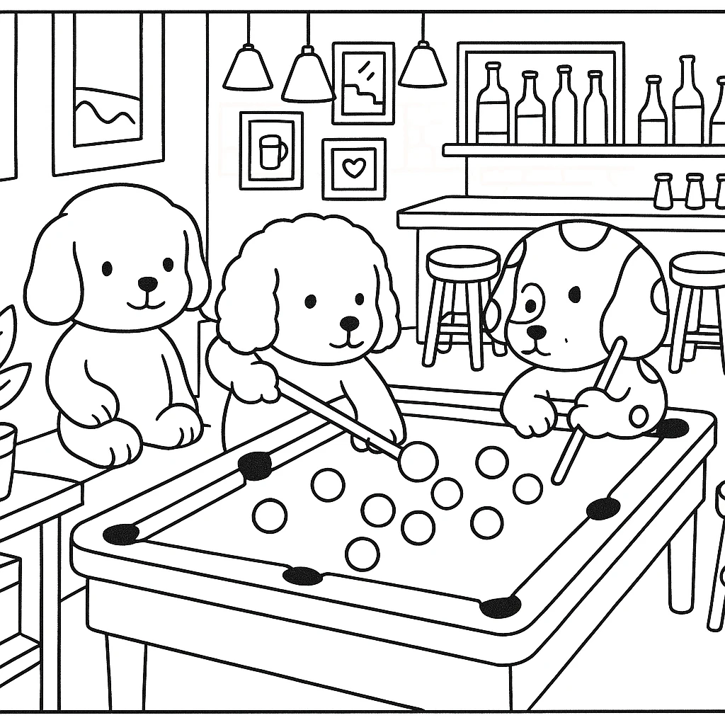 Expand the image to show the rest of the pool table and more of the bar environment, maintaining the Bobbie Goods inspired style with humanoid dog characters playing pool. Include many bar details and leave space for coloring, with no color fill. emoji