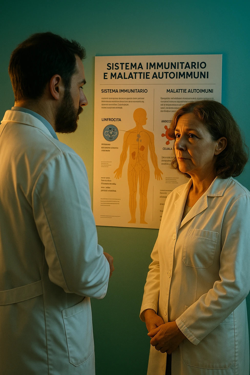 Foto tutta in italiano Realistic, detailed photo taken from behind of one doctor e un paziente —a bearded man and a middle-aged woman—standing and facing each other as they discuss an autoimmune disease diagnosis in front of a medical chart that displays information about the immune system and autoimmune conditions. The scene is illuminated by a yellowish, orange, warm light that softly envelops the doctors. The entire room is bathed in a single green-blue color, creating a cohesive and modern atmosphere. Both doctors wear white coats, and their body language suggests a serious, professional conversation about the complexities of autoimmune diseases. Shot with a Canon EOS R5, with high detail and natural depth of field. scritto in italiano emoji