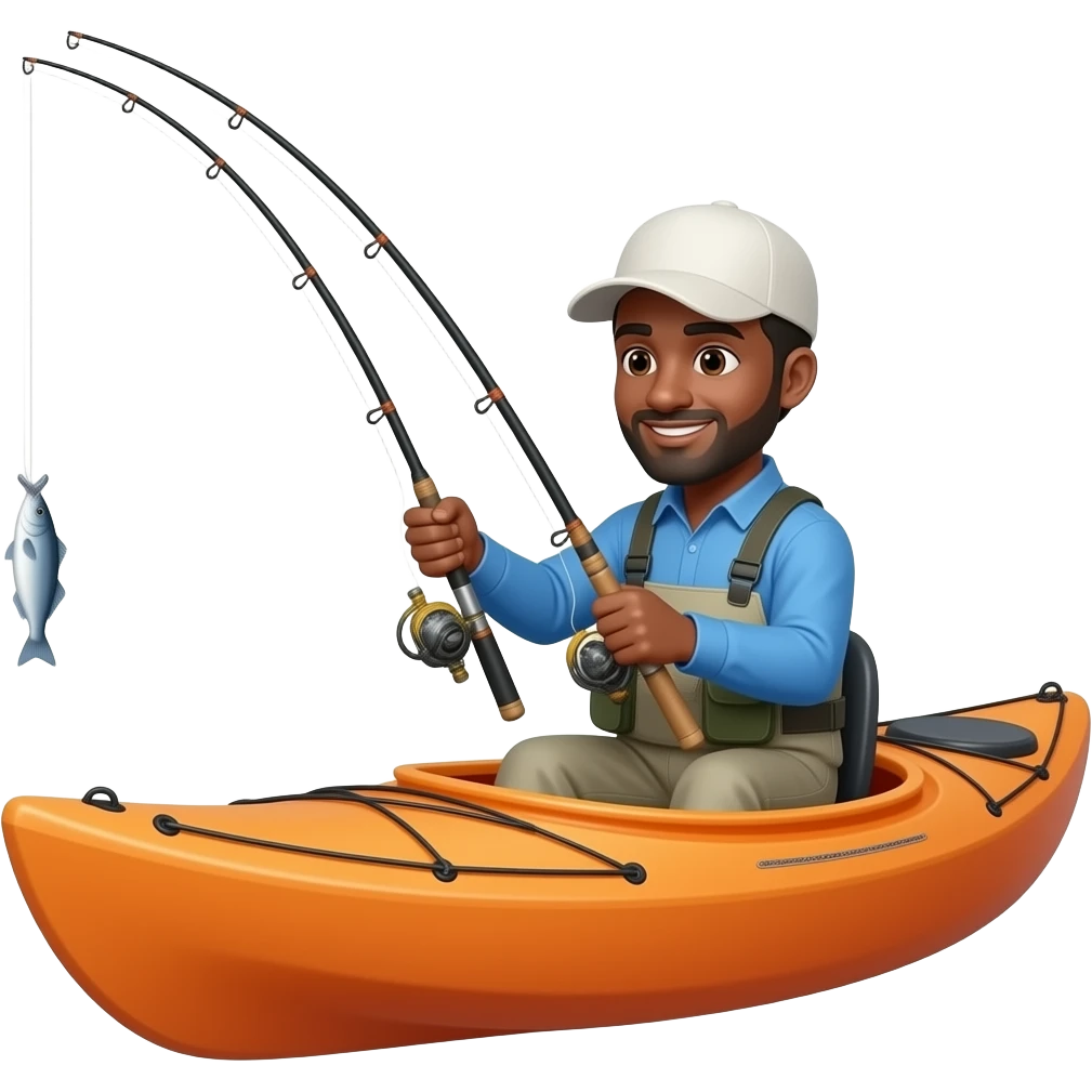 a black fishermen in an orange kayak wearing a blue long sleeve shirt and white baseball hat, with 2 fishing poles both bent with fish on them emoji