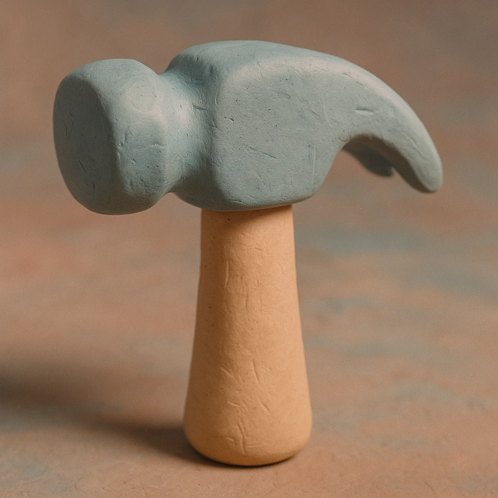 A claymation hammer with a simple wooden handle and a large, rounded metallic head, matte texture with visible fingerprints, pastel colors emoji