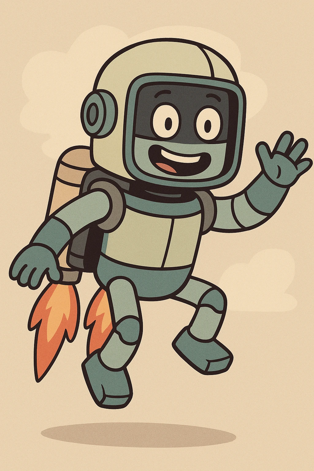 robot astronaut with a jetpack, smiling, cartoon style emoji
