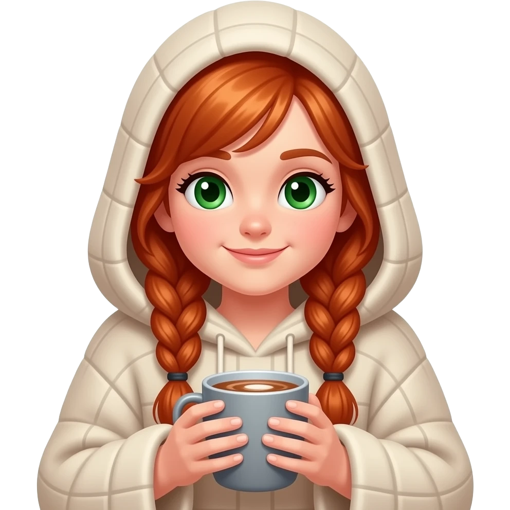 emojis.com a-redhead-girl-with-long-braided-hair,-green-eyes, wrapped in a blanket like a hoodie with a gray a-cup-of-hot cocoa. emoji