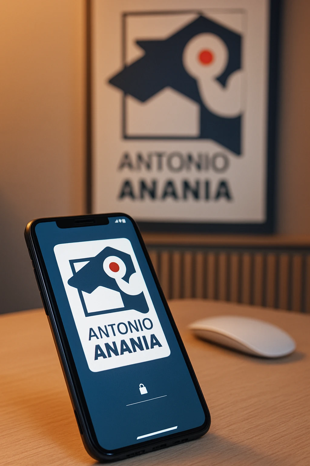 A photo of an iPhone on the desk with the logo of "Antonio Anania" on its screen, The phone sits atop a desk with a blurred with the logo in the background that suggests work environment. A faint glow from above casts gentle shadows across the surface of each object, creating depth and highlighting their textures emoji