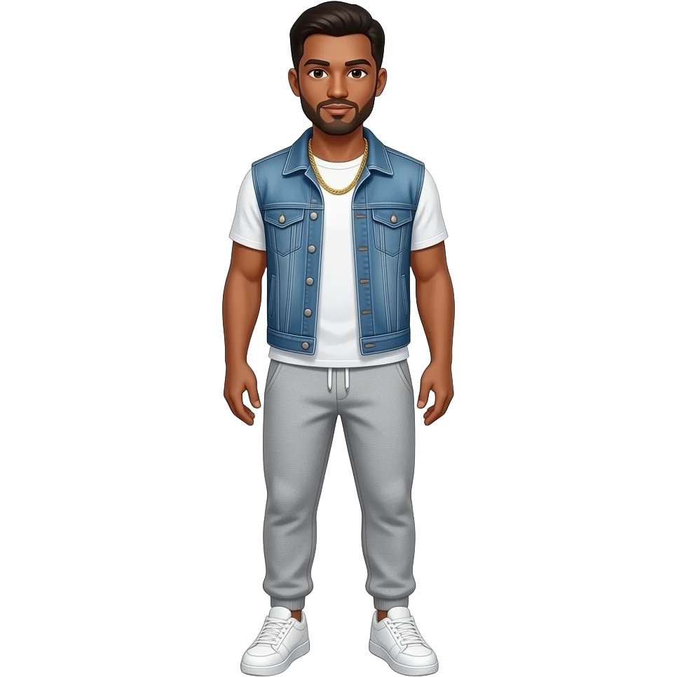 Medium dark skin handsome man wearing grey sweatpants, white t-shirt, a jean vest. With a gold chain and white sneakers emoji