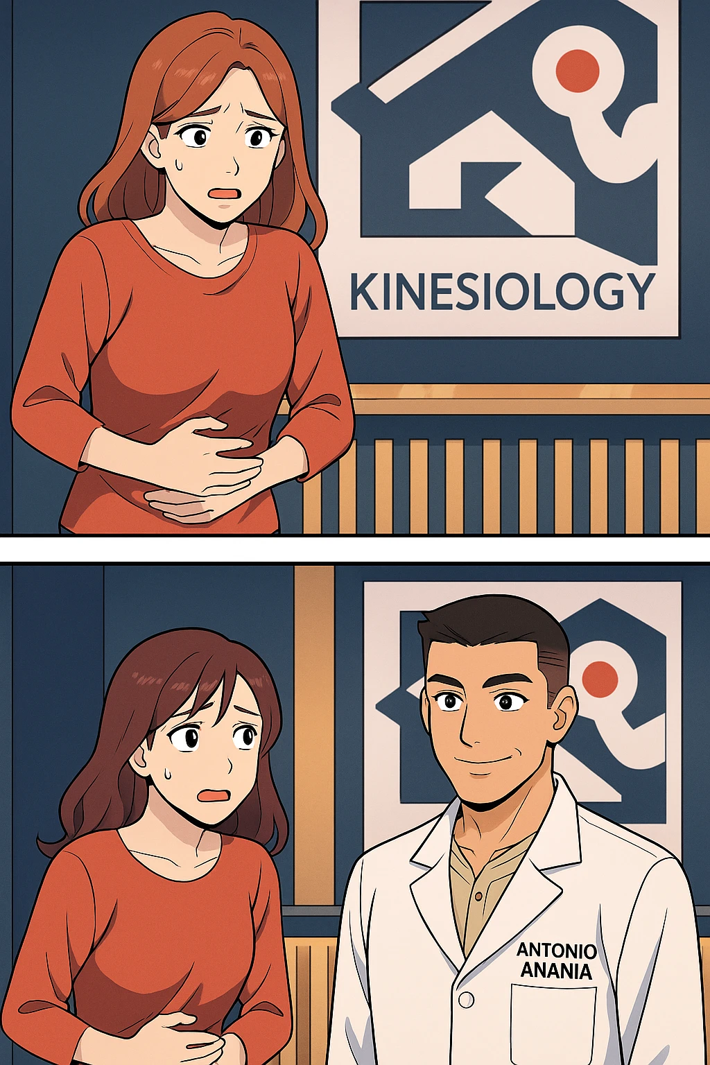 su questo stile fai un manga/webtoon a colori in cui una donna si lamenta che sta male e ha mal di pancia, l'uomo della foto in stile manga gli risponde, mantieni un ambiente simile alla foto che ho allegato con il suo logo (sarebbe il suo studio, lui è un kinesiologo), scrivigli "ANTONIO ANANIA" sul camice bianco, non mettere fumetti, ma fai in modo che sembri che la donna chiede una cosa e l'uomo risponde alla sua domanda emoji