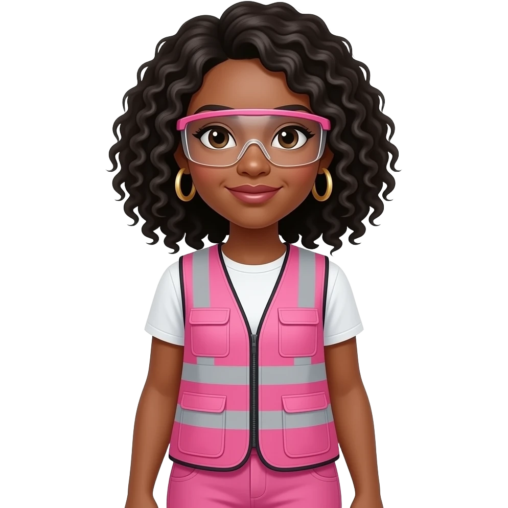 African American women with shoulder length curly black hair wearing gold hoop earrings wearing pink and clear safety glasses wearing a pink construction vest wearing pink pants emoji