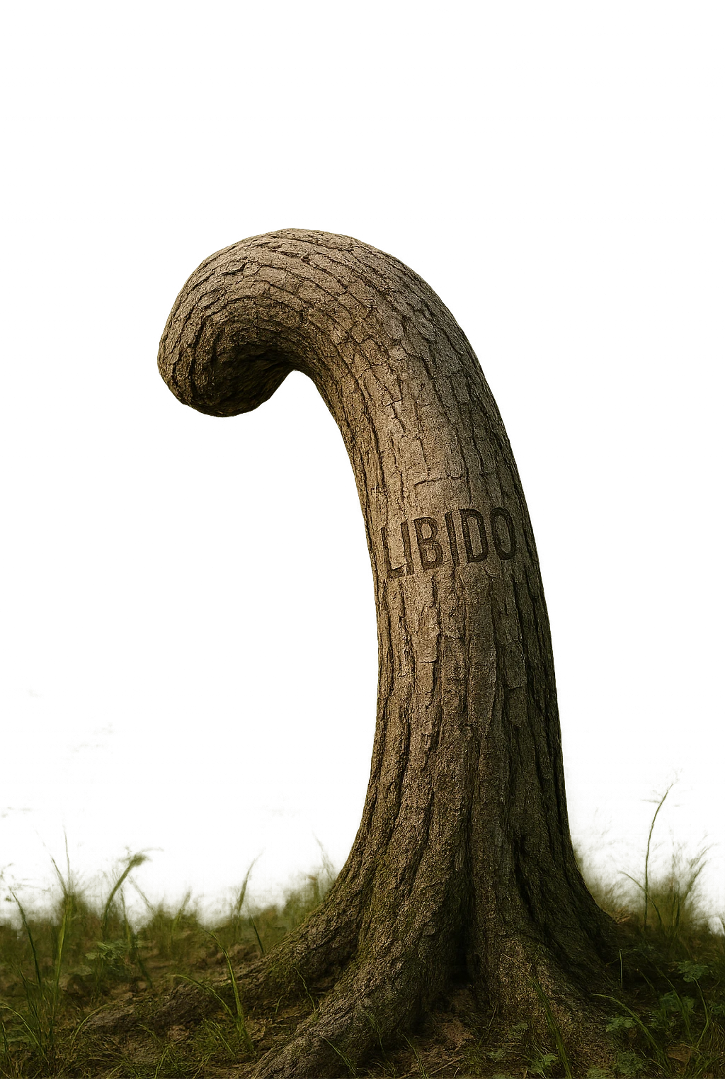 Realistic, vertical 4K illustration: a hyperrealistic tree trunk in a forest setting, noticeably bent, drooping, or wilted instead of standing upright. The bark is textured and detailed WITH THE WORD "LIBIDO" PRINTED ON IT, with subtle cracks and faded colors suggesting loss of vitality. Soft, natural light filters through the surrounding trees, casting gentle shadows. The scene is quiet and contemplative, with the trunk’s unusual, slumped posture symbolizing a decline in male libido. The background is lush and detailed, but the focus remains on the central, softened trunk, evoking a sense of vulnerability and introspection. emoji