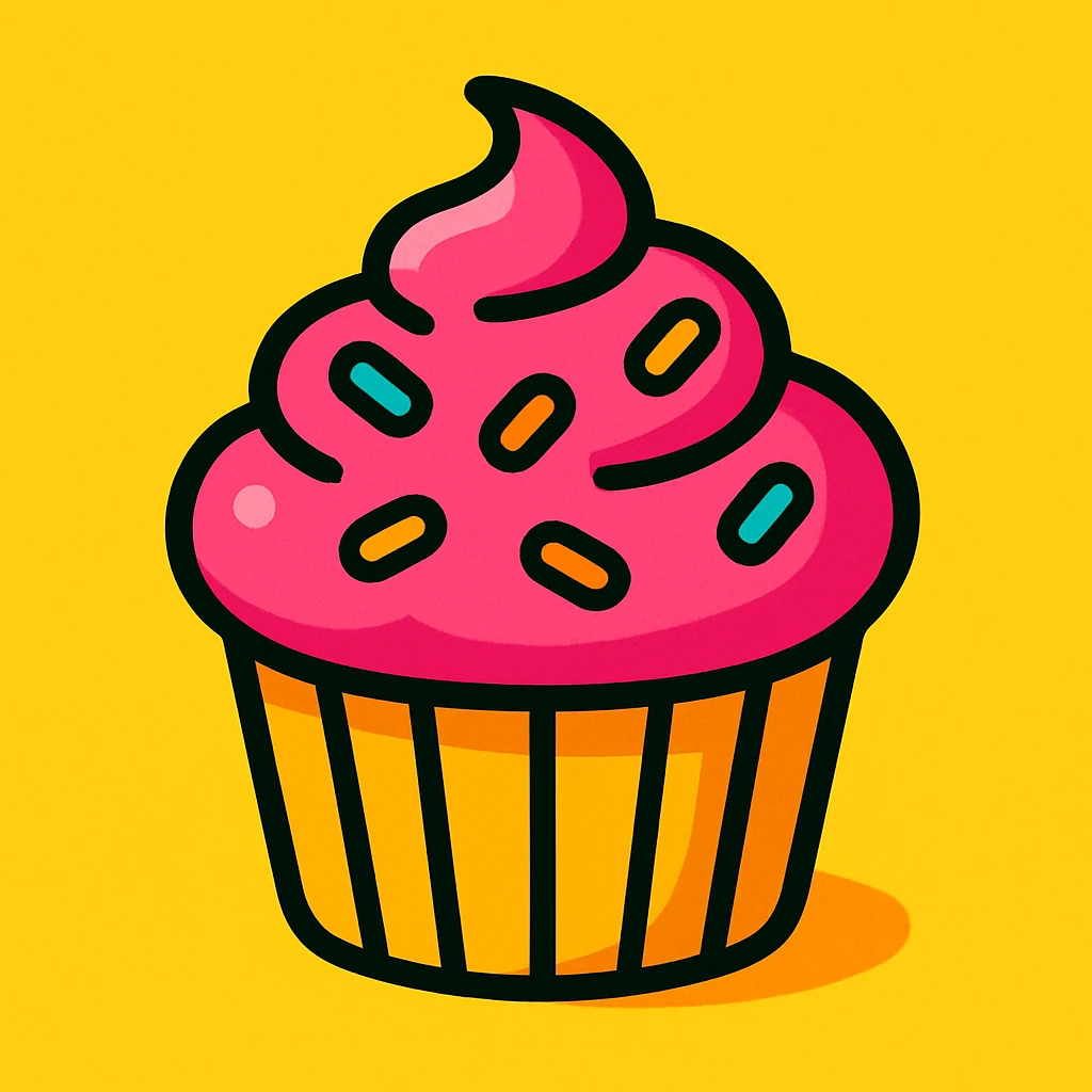 cupcake with pink icing, fun modern style, vibrant colors, playful emoji