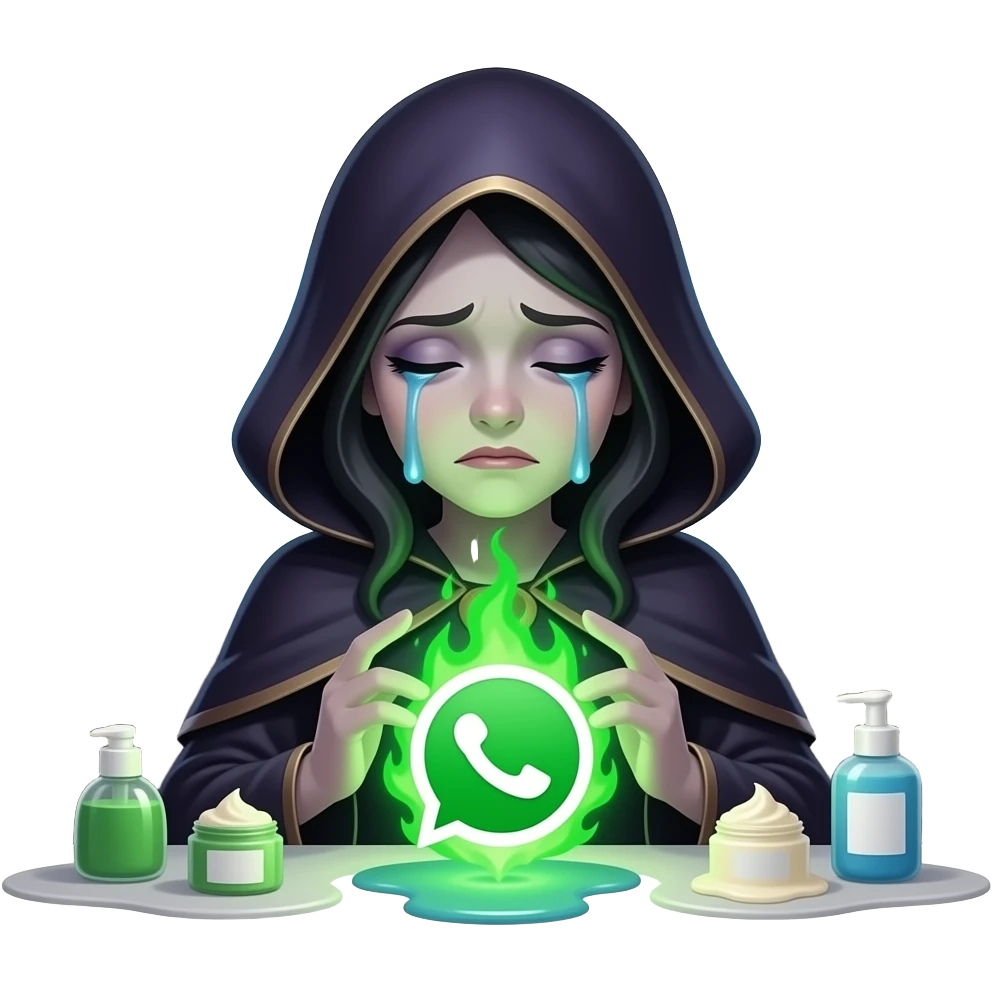 A dark sorcerer’s evil woman is crying expression, she is hand holding a WhatsApp logo burning with green magical flames, liquid creams, text below: 'HAVE YOU MOVED HERE?', cinematic lighting, high-contrast emoji, disgusting, dead, valley of head bones in background emoji