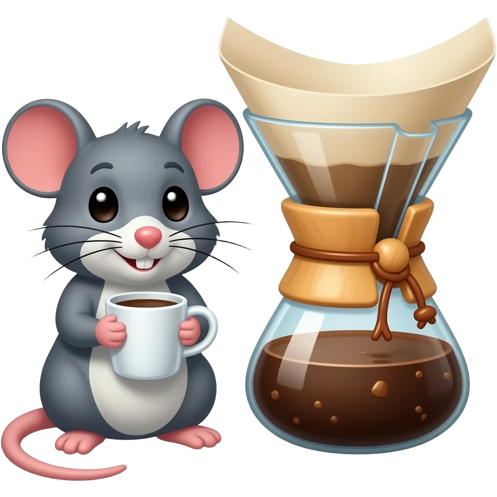 Gray Mice drinks coffee next to a v60 brewing emoji