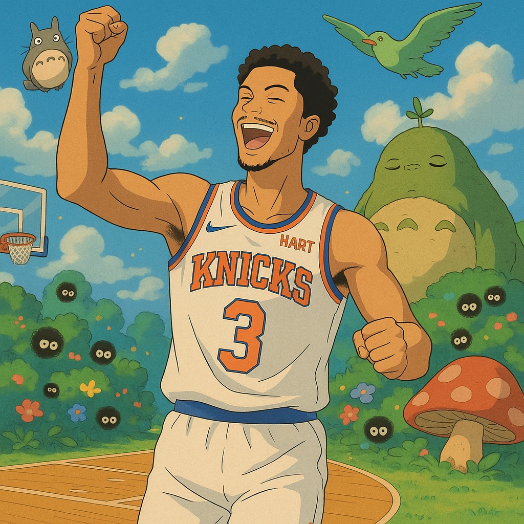 Josh Hart celebrating on the court in a Knicks jersey, surrounded by fantastical elements, Ghibli style emoji