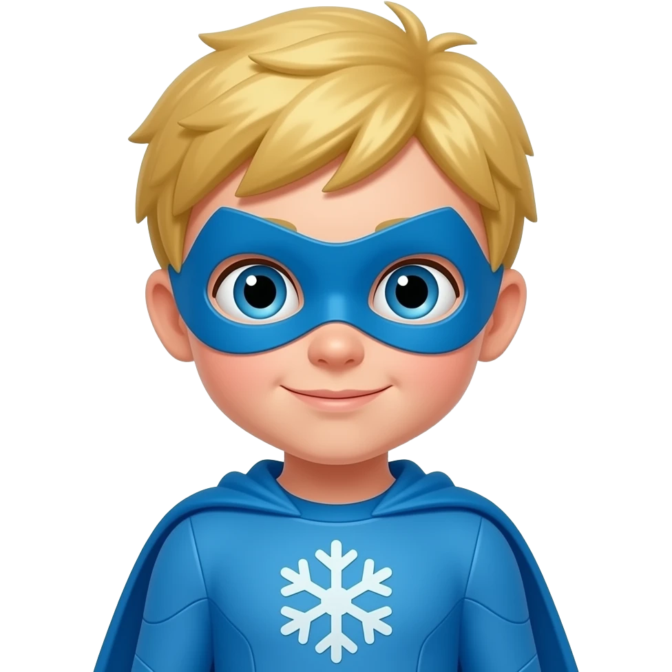 quiero que me hagas a un superheroe con el pelo rubio mascara azul i con un traje azul i un simbolo de copo de nieve que sea un niño emoji