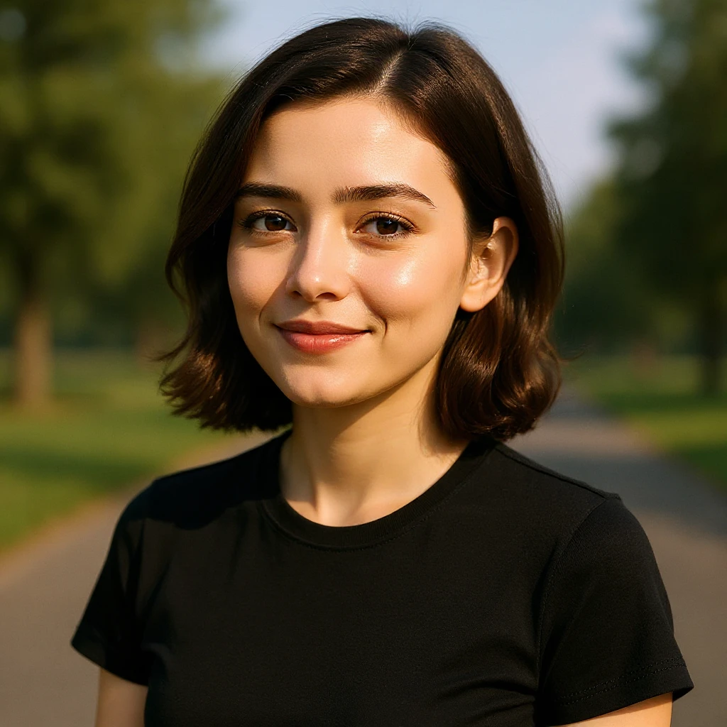 Realistic portrait with a sunlit outdoor background. emoji